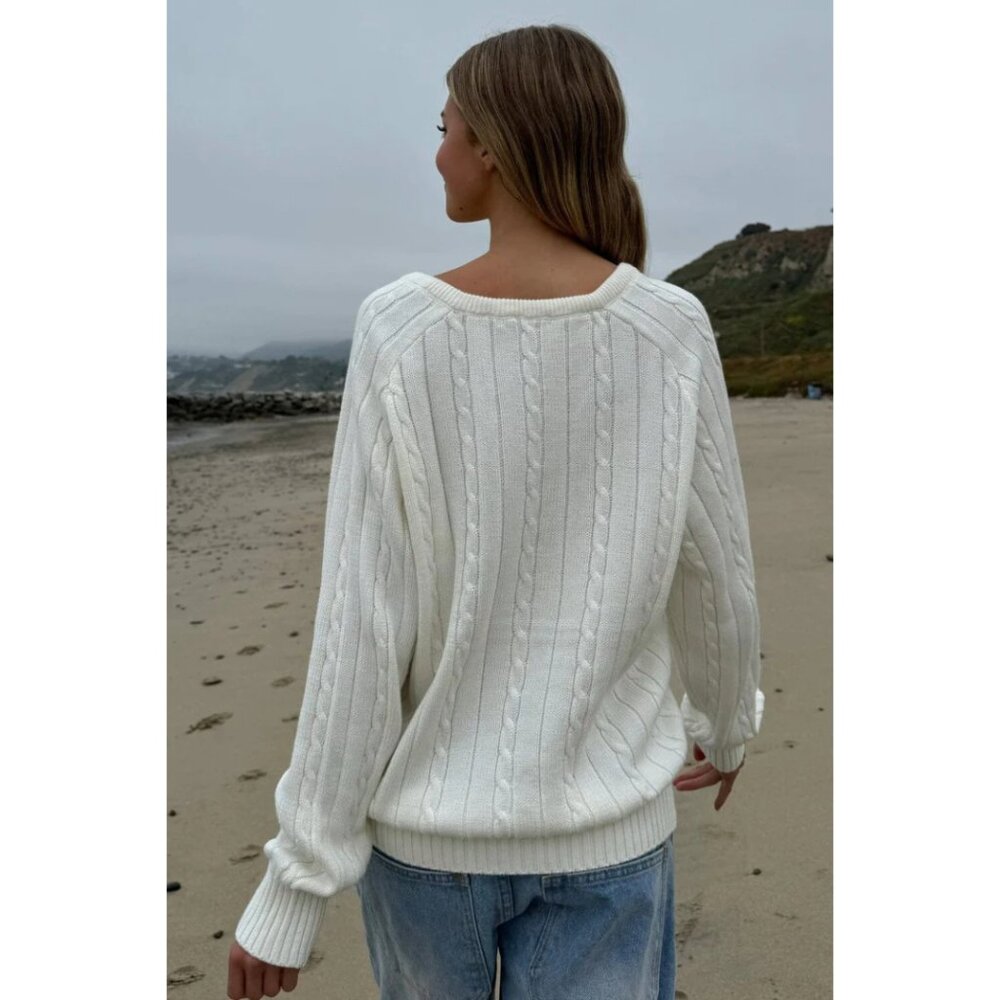 Brandy Melville Ida Cotton Blend Cable Knit Ivory V-Neck Oversized Sweater - Picture 3 of 7